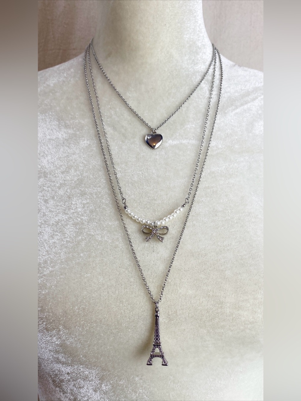 Aeropostale Layered Silver Pendant Necklace with Heart, Bow and Eiffel Tower